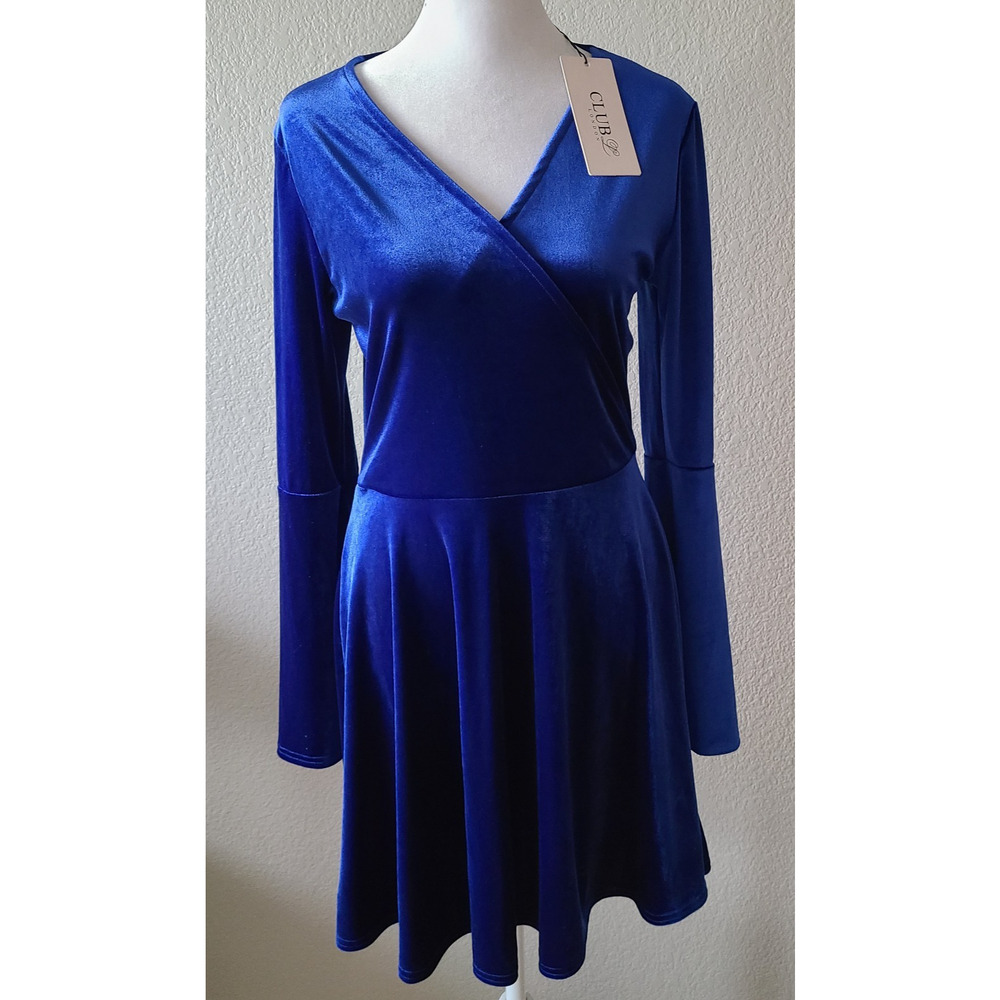 Retro 90s Velvet Mini Wrap Women Dress Size 12 Phoebe Buffay Long‎ Sleeve Blue